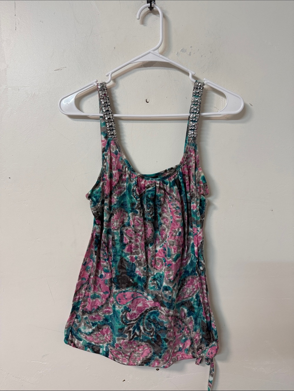 INC International Concepts Pink & Teal Floral Rhinestone-Strap Camisole Y2K